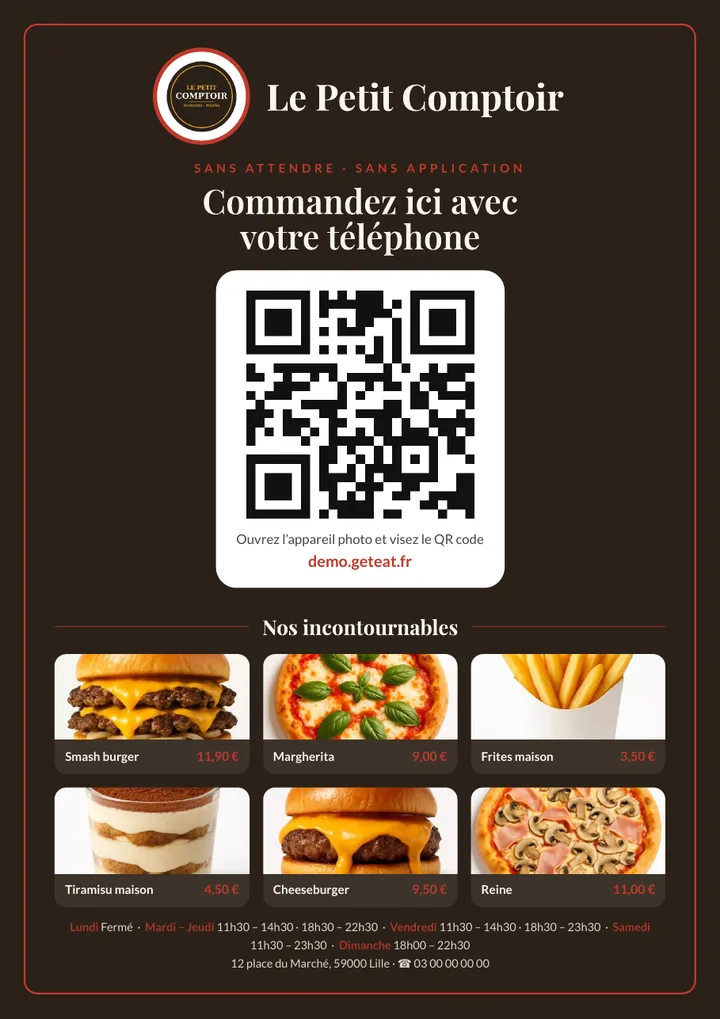 Exemple d’affiche vitrine pour restaurant avec grand QR code et 6 plats phares