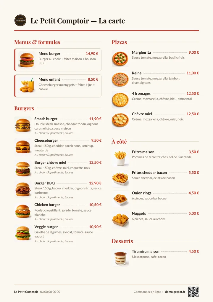 Exemple de menu de restaurant en PDF : formules, burgers et pizzas avec photos et prix