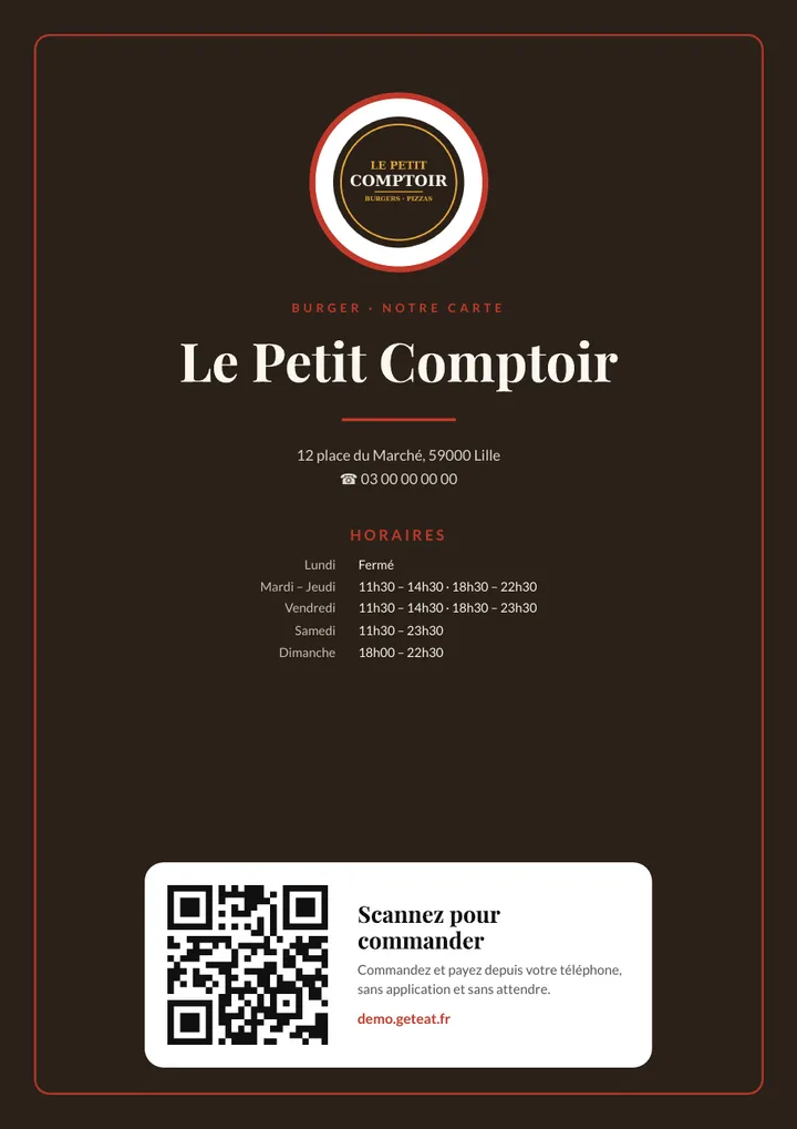 Exemple de couverture de menu PDF : logo, nom du restaurant, horaires et QR code de commande