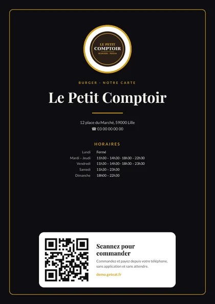 Modèle de menu de restaurant PDF : style sombre, titres dorés