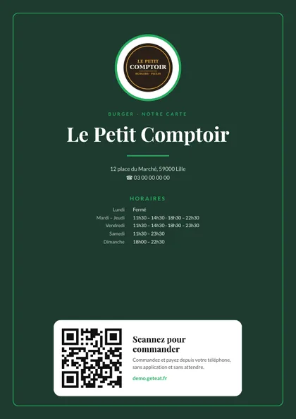 Modèle de menu de restaurant PDF : couverture verte, pages blanches