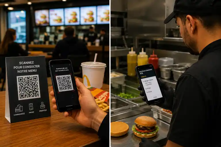 Un client scanne le QR code sur table pour commander ; la commande arrive aussitôt sur le smartphone du cuisinier