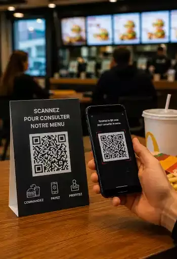 Client scannant avec son smartphone le QR code posé sur la table d'un fast-food