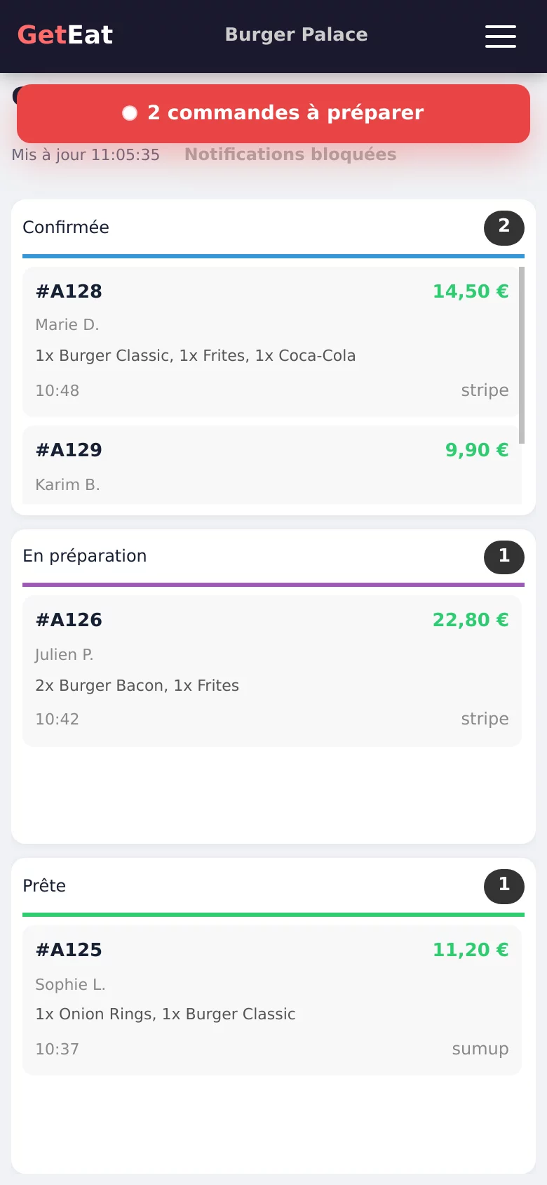 Capture d'écran du tableau de bord GetEat avec les commandes classées par statut : confirmée, en préparation, prête