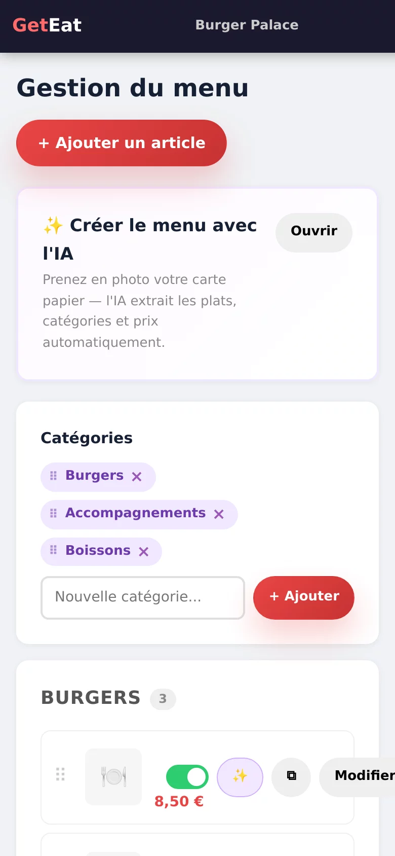 Capture d'écran de la gestion du menu GetEat avec catégories, prix et disponibilité des articles