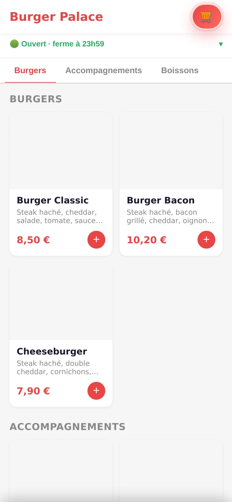 Capture d'écran du menu GetEat côté client, avec catégories, photos, descriptions et prix