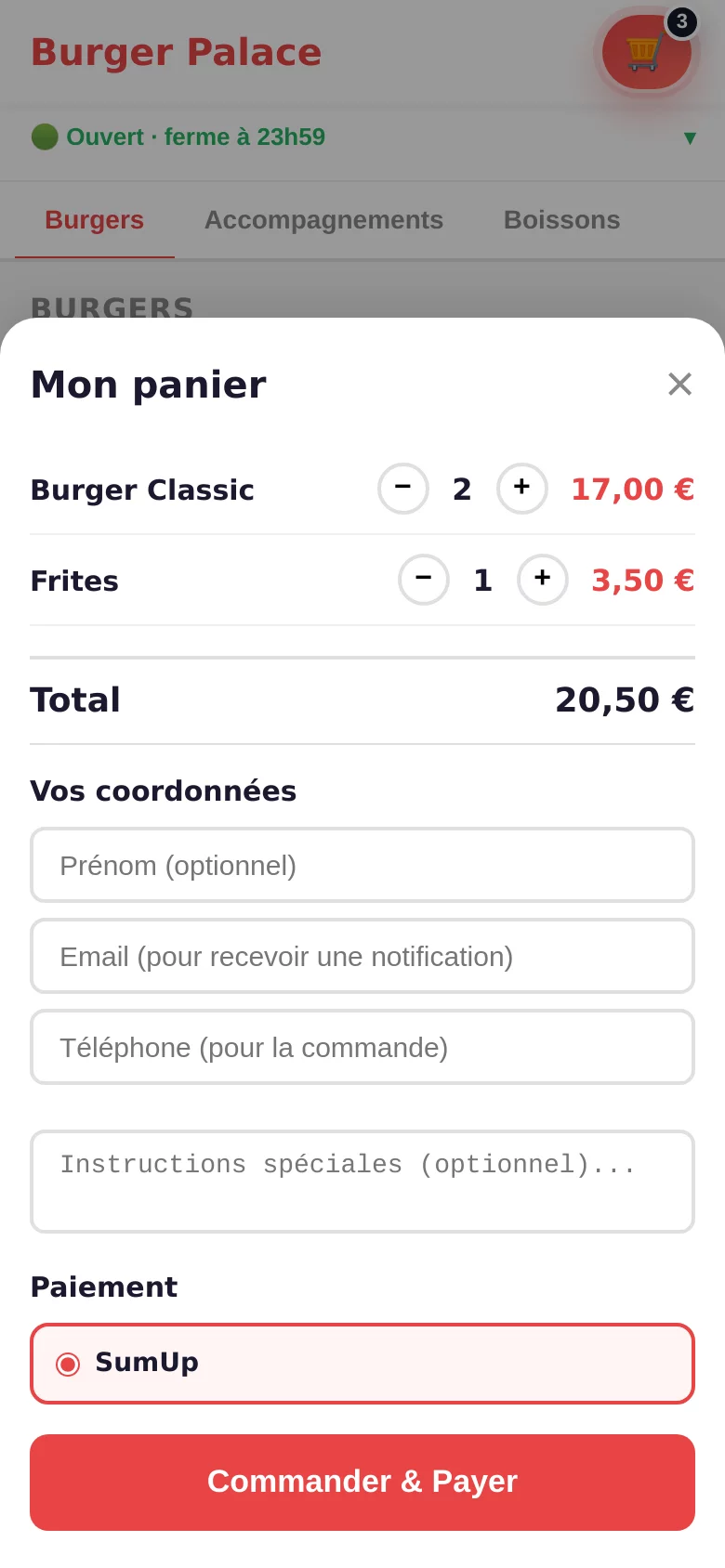 Capture d'écran du panier GetEat côté client avec le récapitulatif, les coordonnées et le choix du paiement