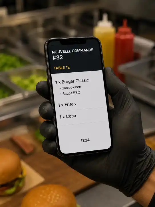Un employé en cuisine reçoit la nouvelle commande directement sur son smartphone